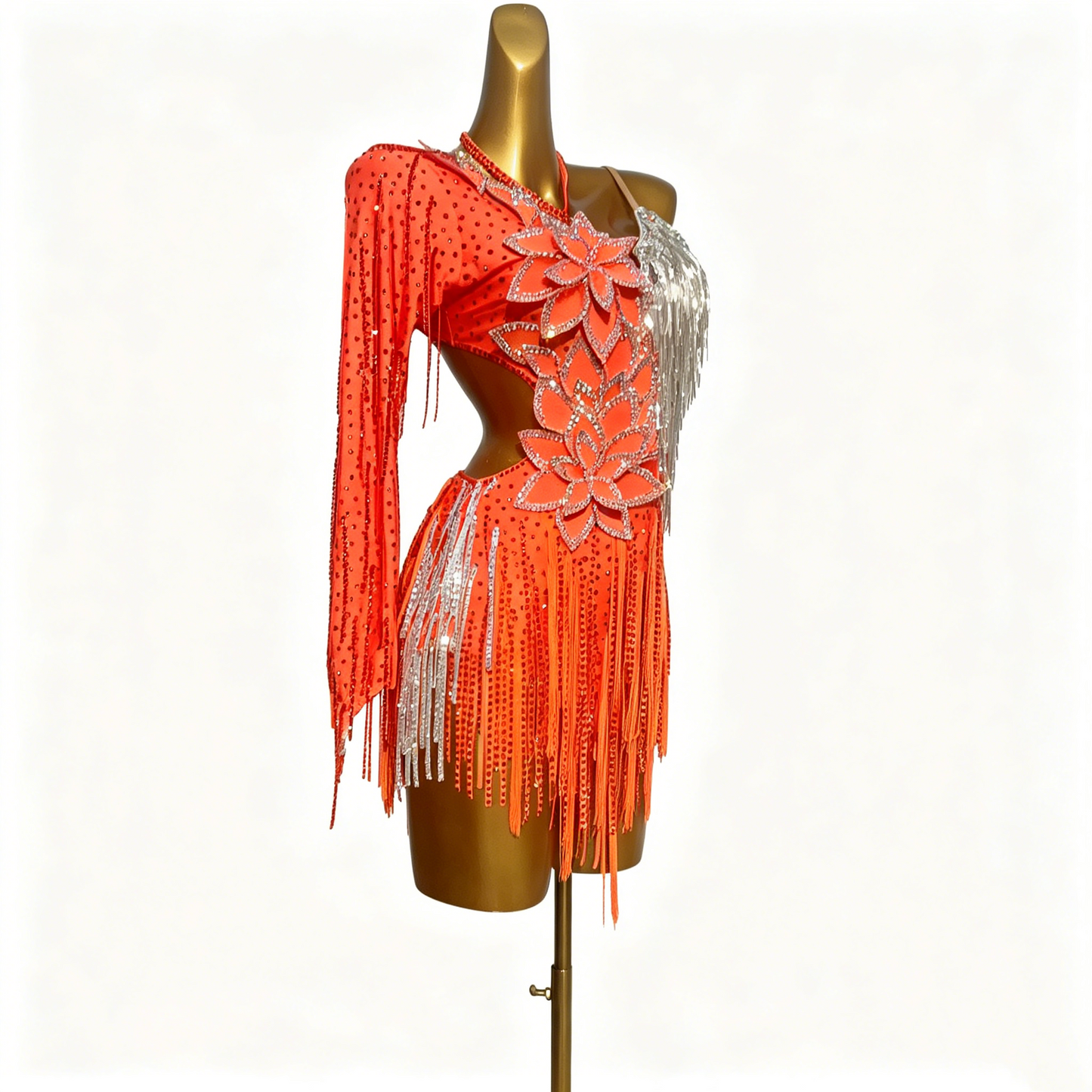 Custom Orange Silver Floral Rhinestone Fringe Latin Competition Dress