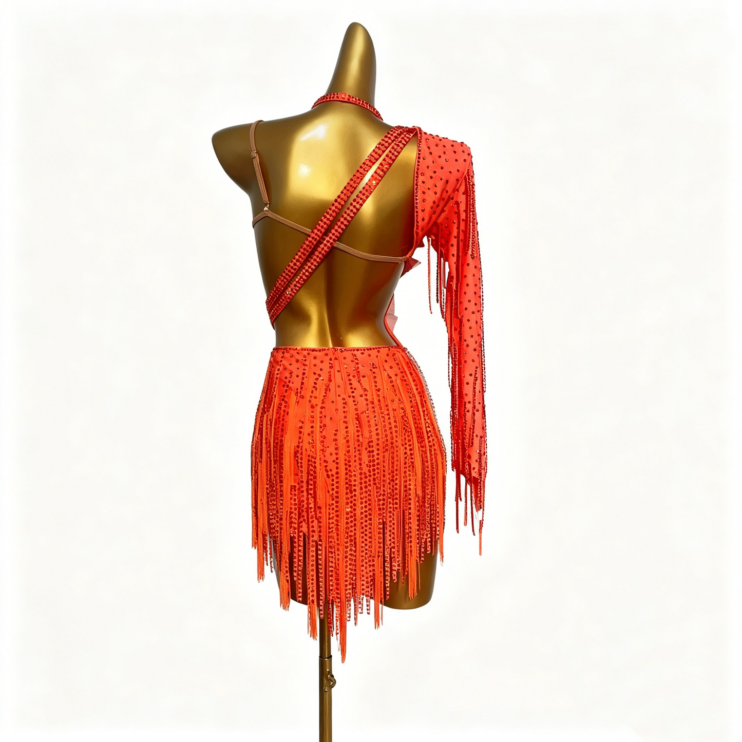 Custom Orange Silver Floral Rhinestone Fringe Latin Competition Dress