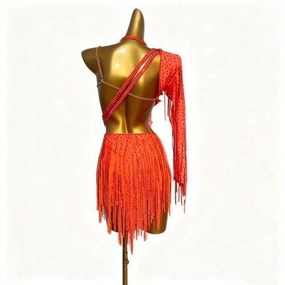 Custom Orange Silver Floral Rhinestone Fringe Latin Competition Dress