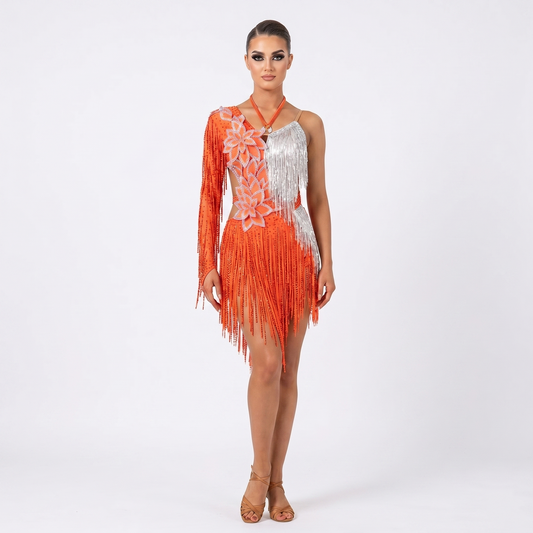 Custom Orange Silver Floral Rhinestone Fringe Latin Competition Dress