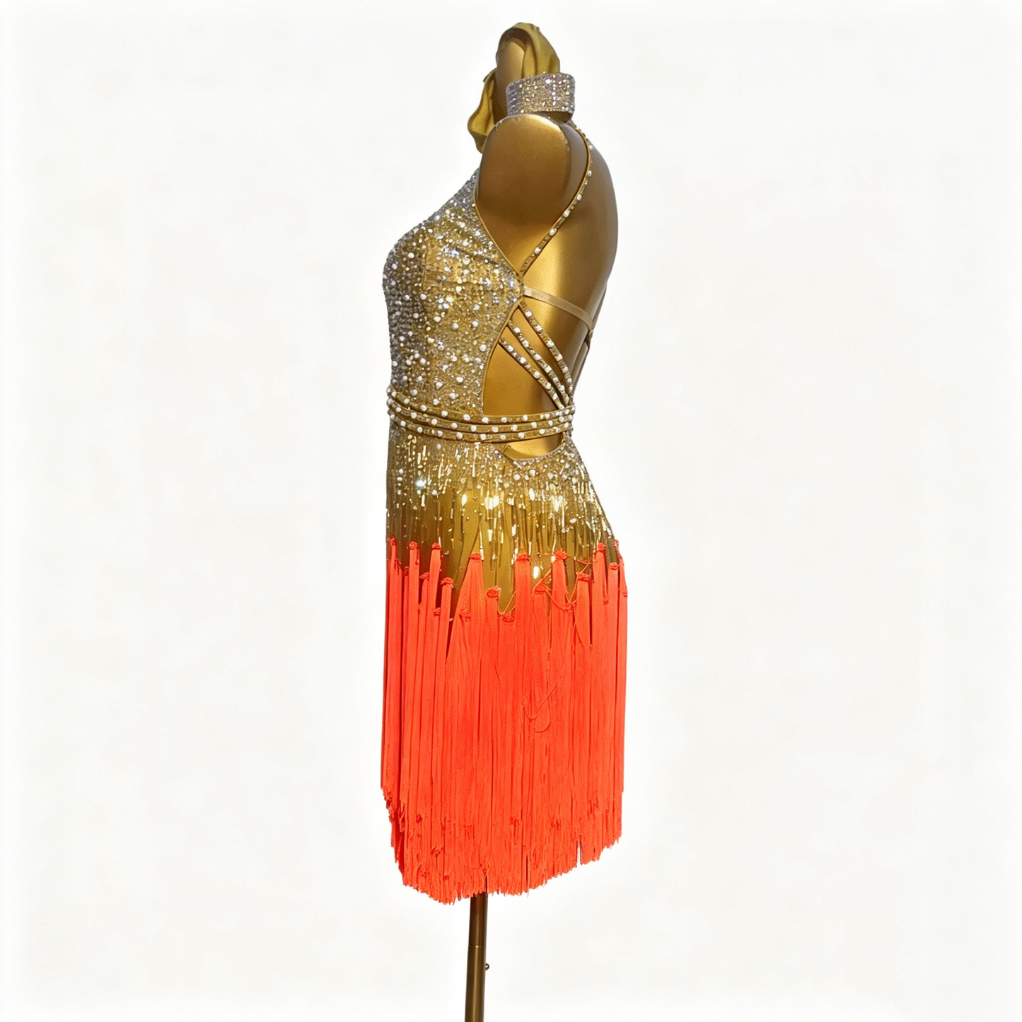 Custom Gold Orange Ombre Fringe Latin Competition Dress