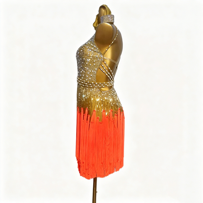 Custom Gold Orange Ombre Fringe Latin Competition Dress