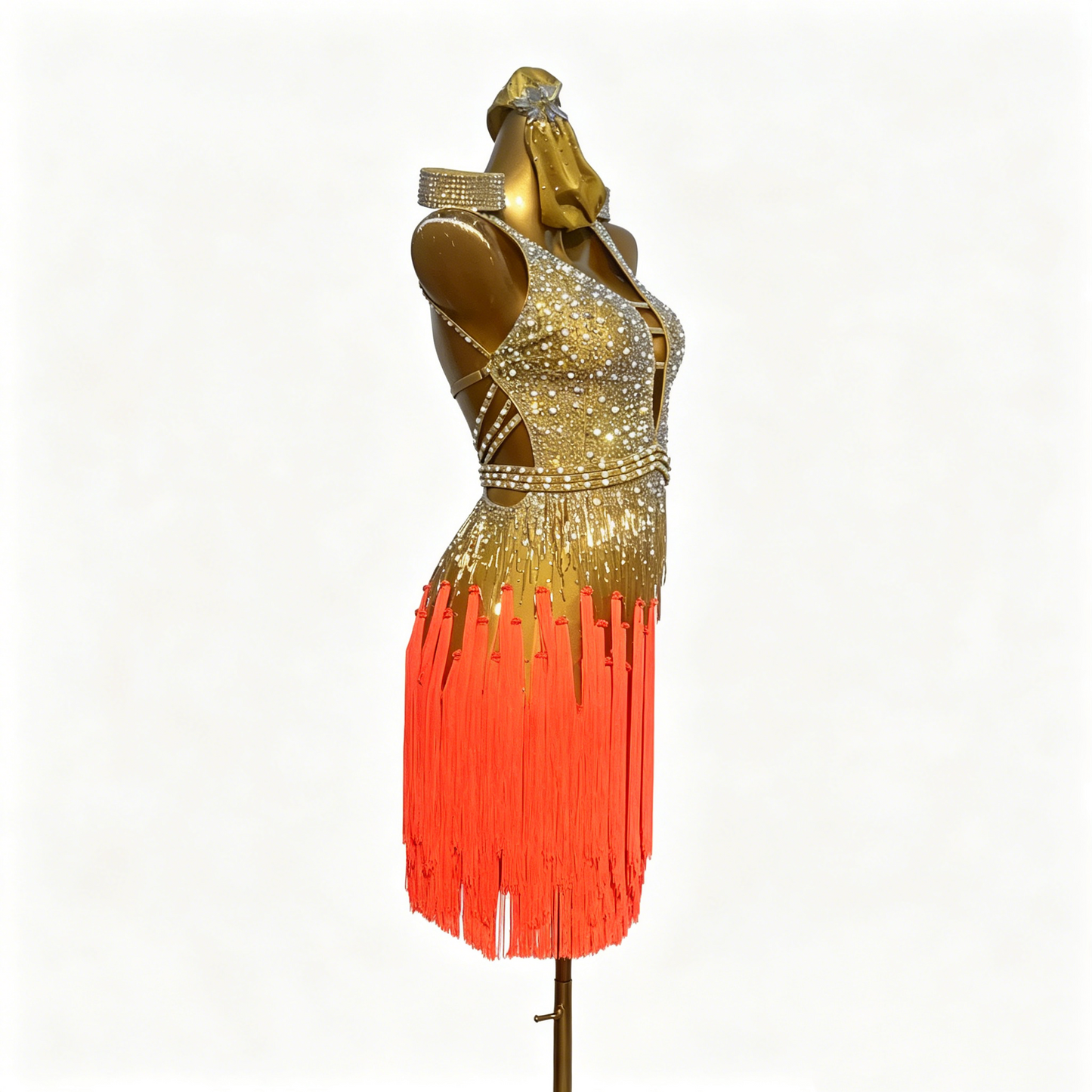 Custom Gold Orange Ombre Fringe Latin Competition Dress