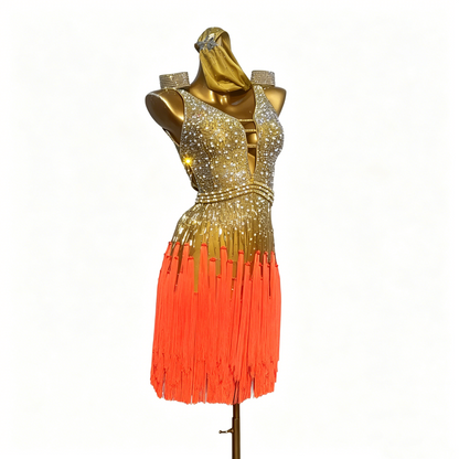 Custom Gold Orange Ombre Fringe Latin Competition Dress