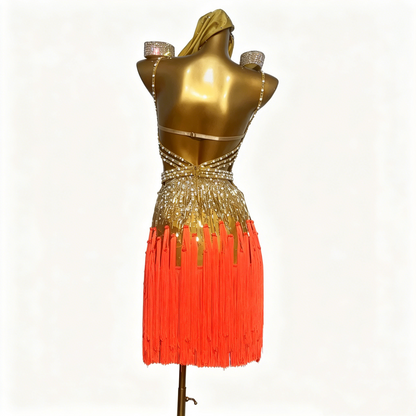 Custom Gold Orange Ombre Fringe Latin Competition Dress