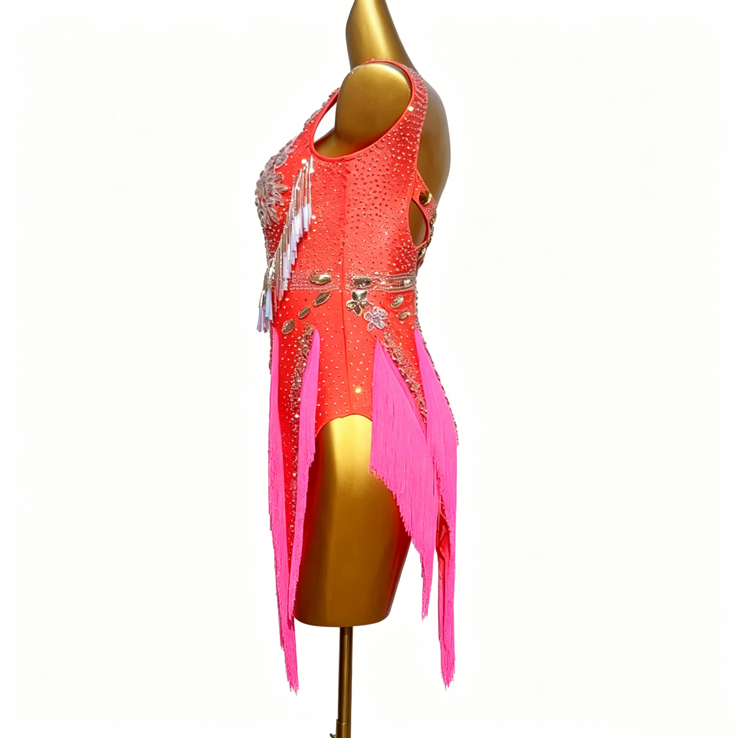 Custom Coral Bloom V-Fringe Latin Dress