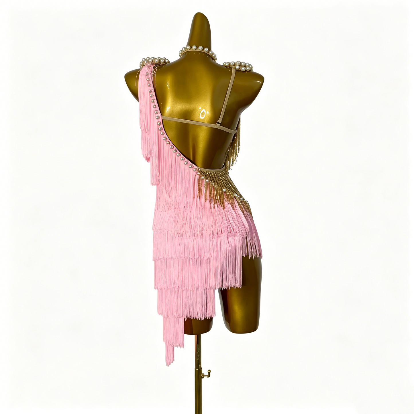 Custom Pink Gold Split Fringe Pearl Trim Latin Competition Dress
