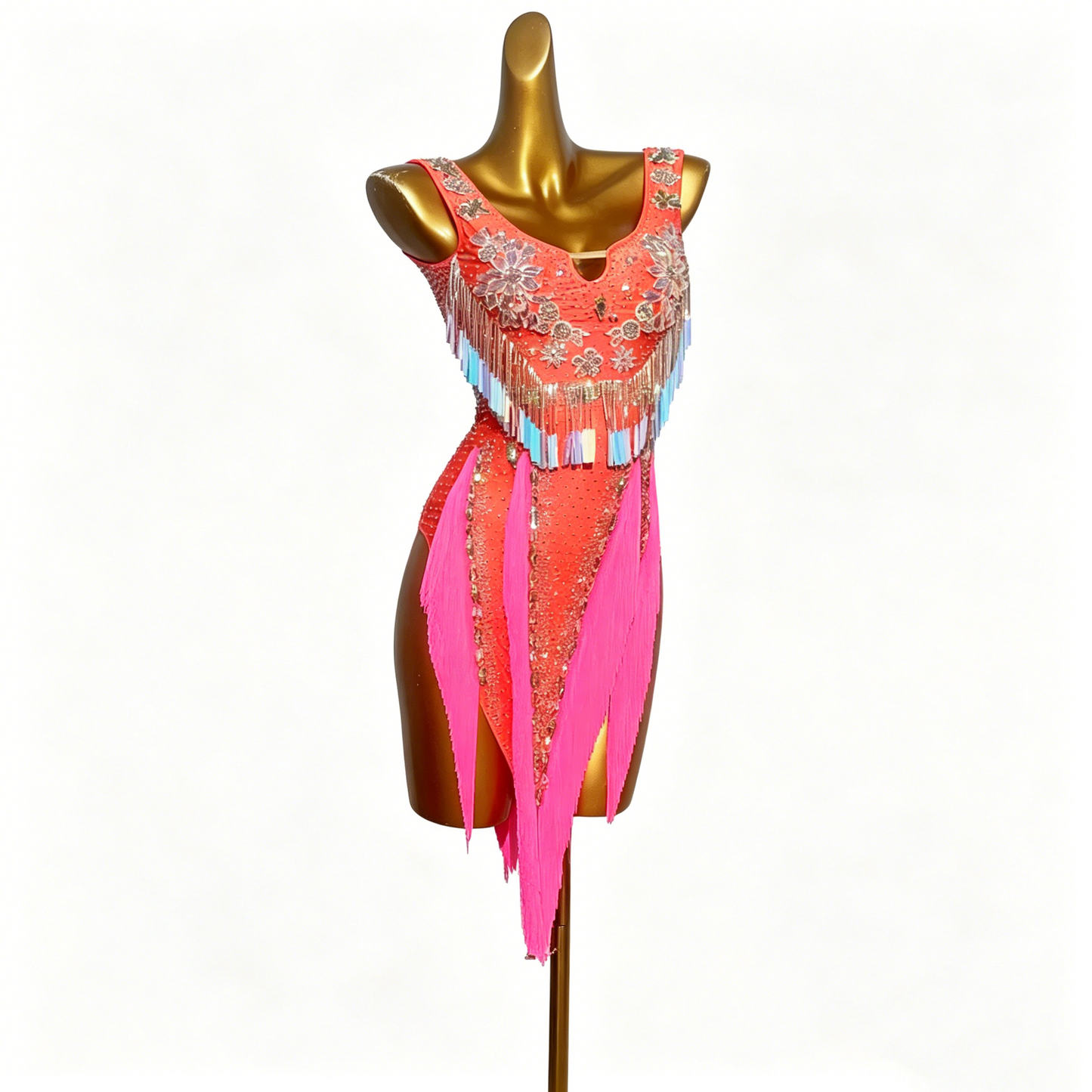 Custom Coral Bloom V-Fringe Latin Dress