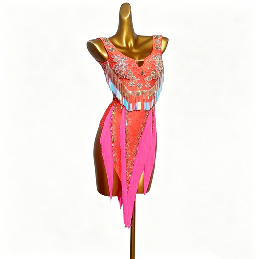 Custom Coral Bloom V-Fringe Latin Dress