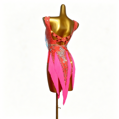 Custom Coral Bloom V-Fringe Latin Dress
