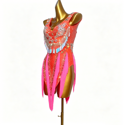 Custom Coral Bloom V-Fringe Latin Dress