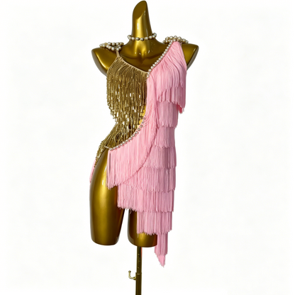 Custom Pink Gold Split Fringe Pearl Trim Latin Competition Dress
