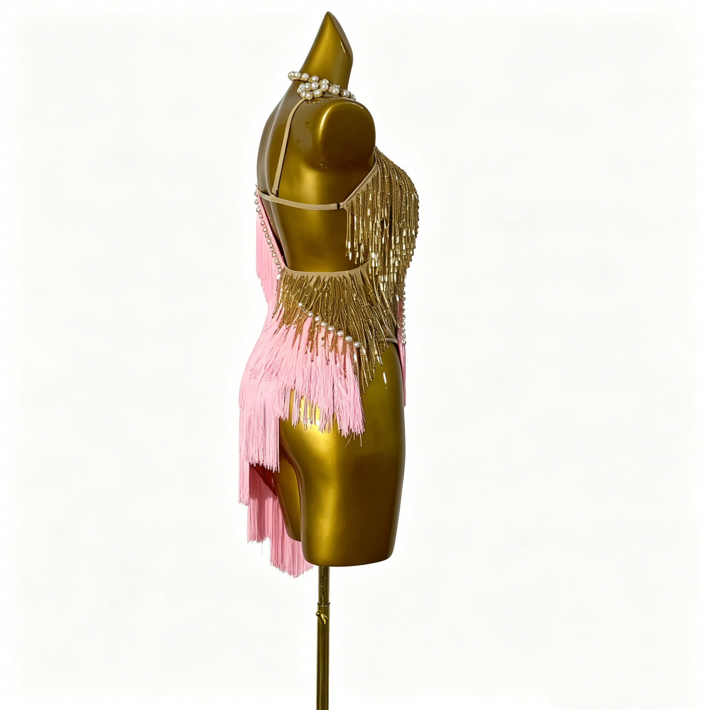 Custom Pink Gold Split Fringe Pearl Trim Latin Competition Dress
