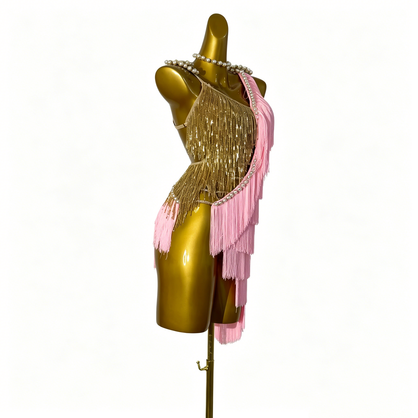 Custom Pink Gold Split Fringe Pearl Trim Latin Competition Dress