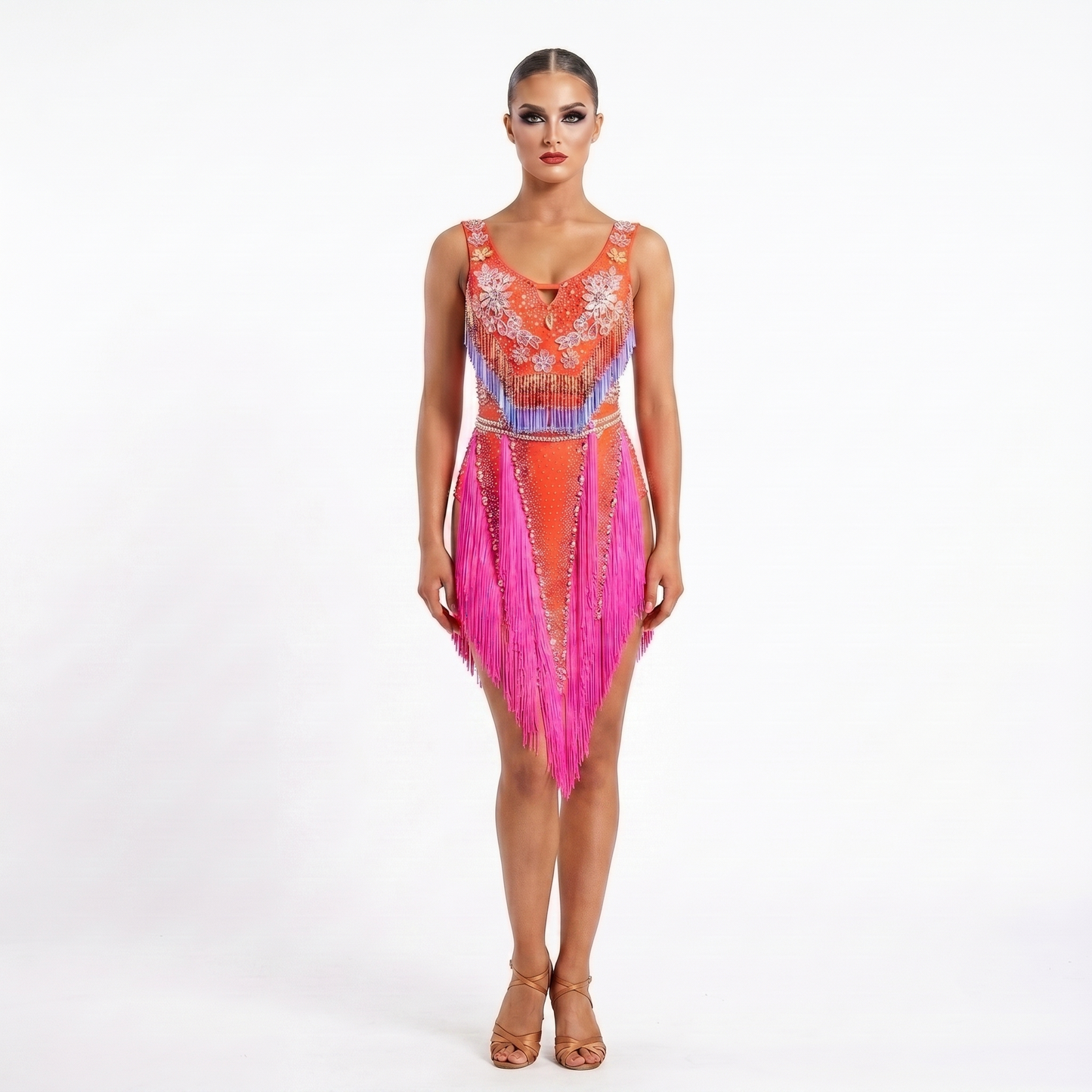Custom Coral Bloom V-Fringe Latin Dress