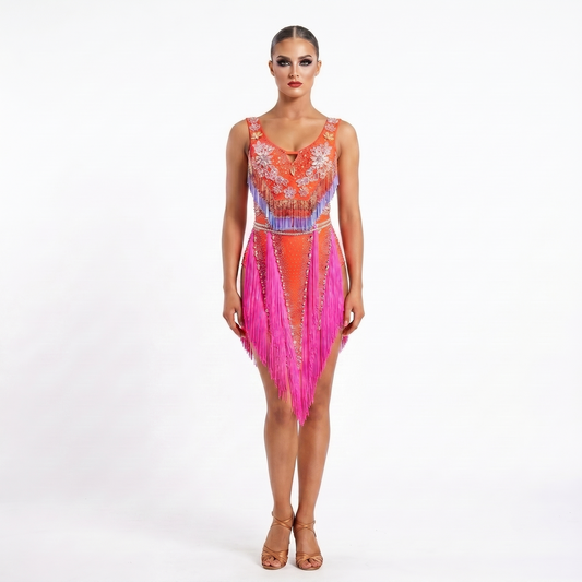 Custom Coral Bloom V-Fringe Latin Dress