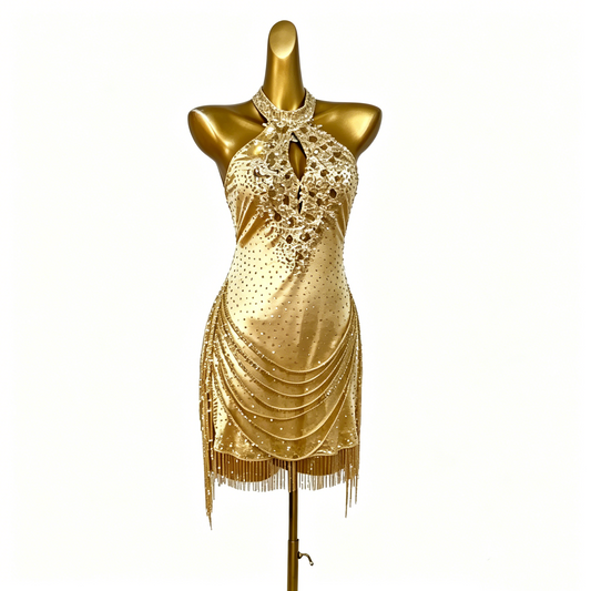 Custom Gold Rhinestone Fringe Halter Latin Competition Dress