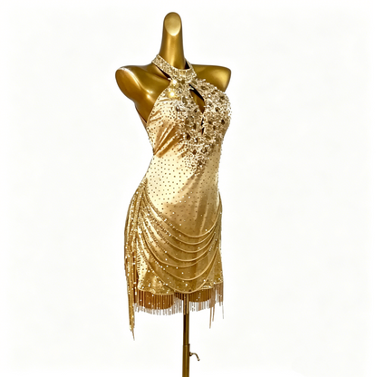 Custom Gold Rhinestone Fringe Halter Latin Competition Dress