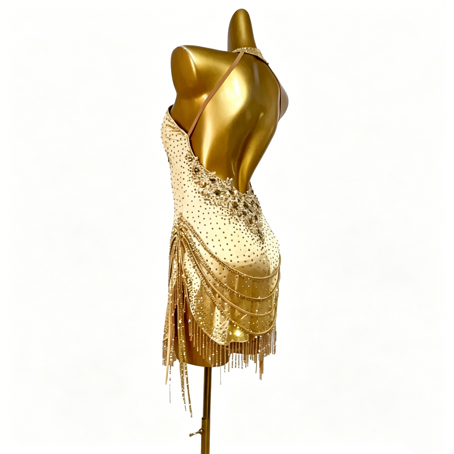 Custom Gold Rhinestone Fringe Halter Latin Competition Dress