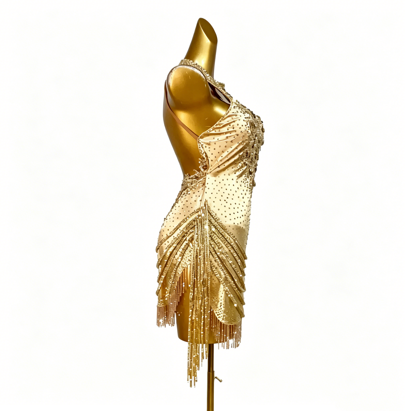 Custom Gold Rhinestone Fringe Halter Latin Competition Dress