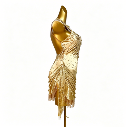 Custom Gold Rhinestone Fringe Halter Latin Competition Dress