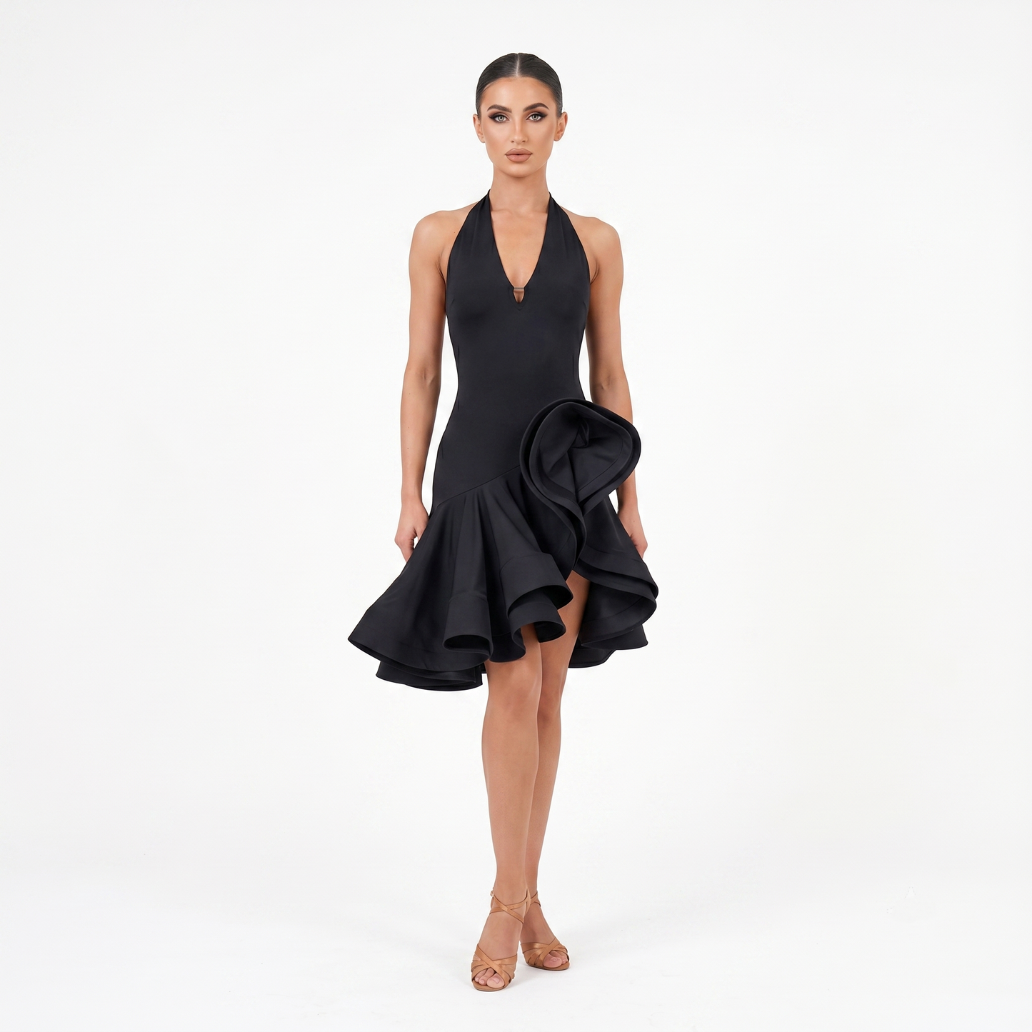Black Halter Big Ruffle Latin Practice Dress