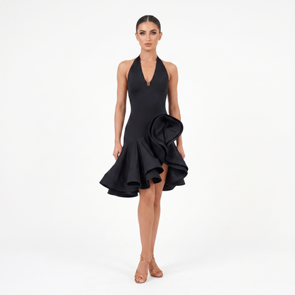 Black Halter Big Ruffle Latin Practice Dress