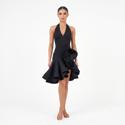 Black Halter Big Ruffle Latin Practice Dress
