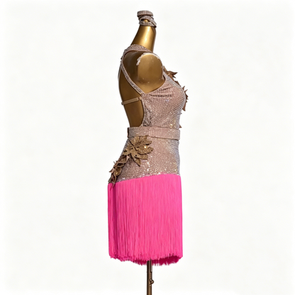 Custom Champagne Pink Fringe Halter Latin Competition Dress