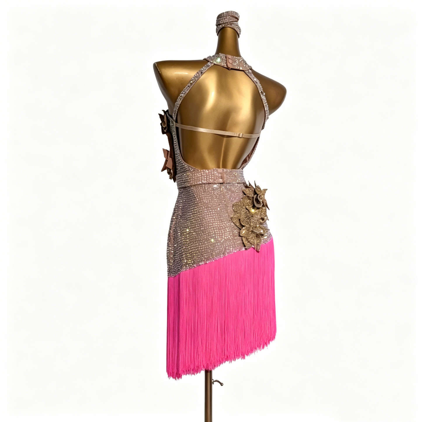 Custom Champagne Pink Fringe Halter Latin Competition Dress