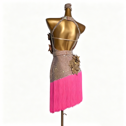 Custom Champagne Pink Fringe Halter Latin Competition Dress
