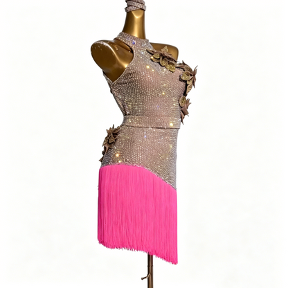 Custom Champagne Pink Fringe Halter Latin Competition Dress