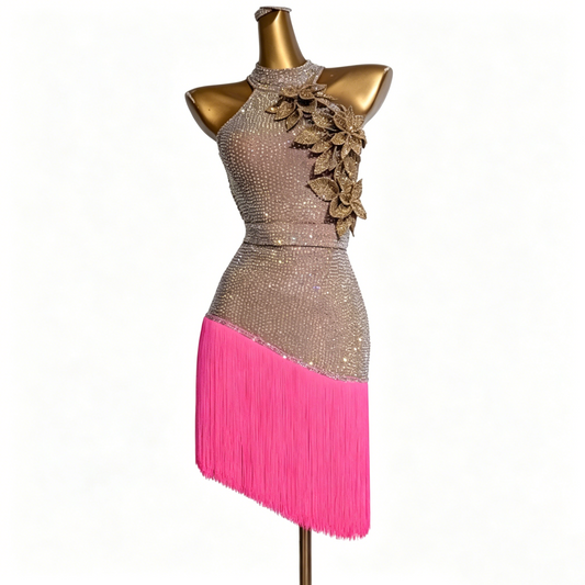 Custom Champagne Pink Fringe Halter Latin Competition Dress