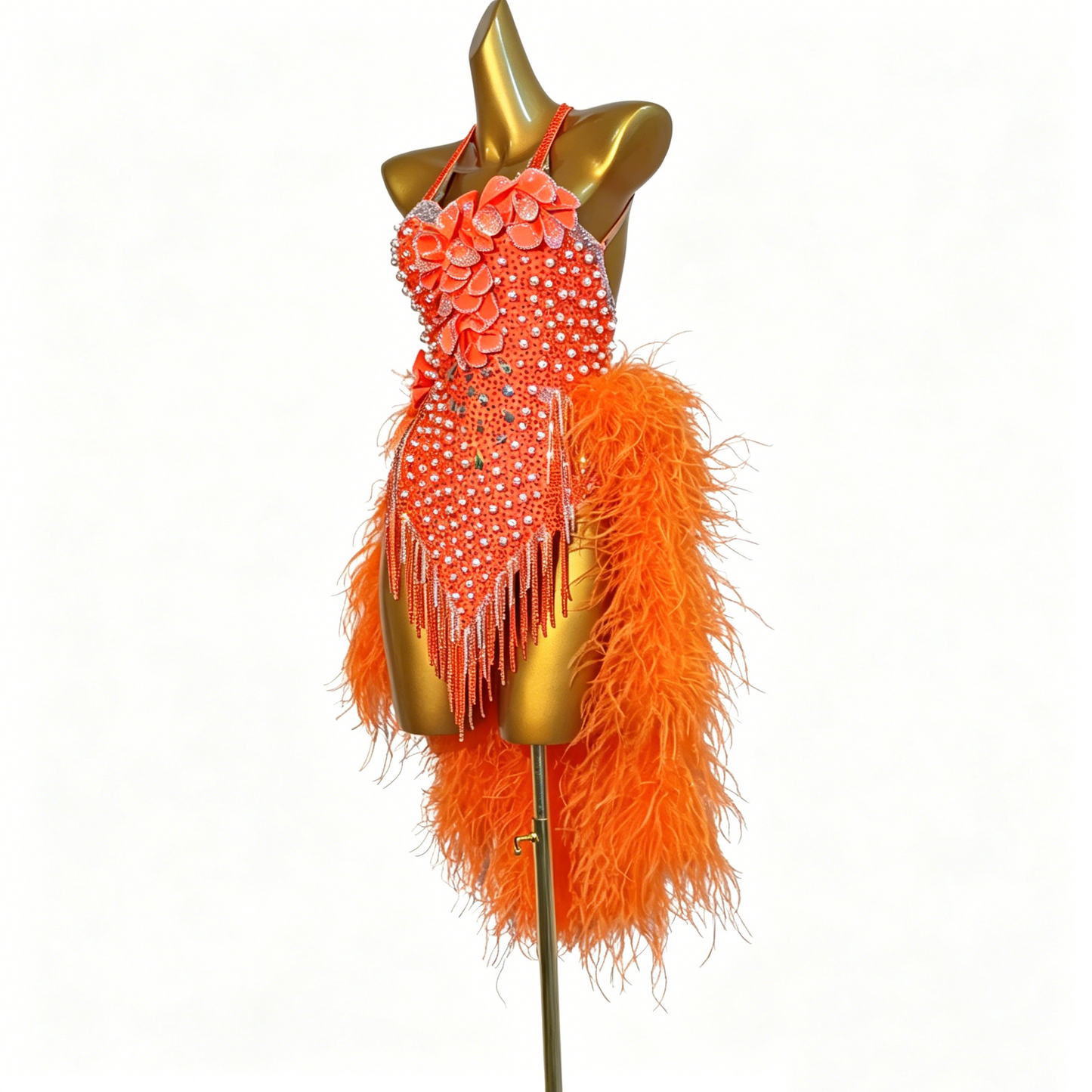 Custom Orange Feather Floral Latin Competition Dress
