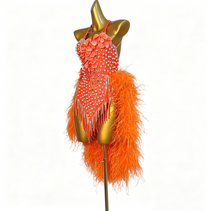 Custom Orange Feather Floral Latin Competition Dress