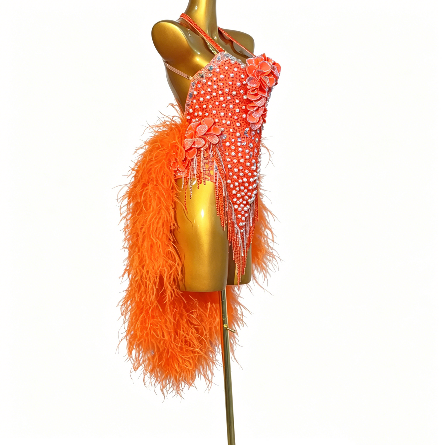 Custom Orange Feather Floral Latin Competition Dress