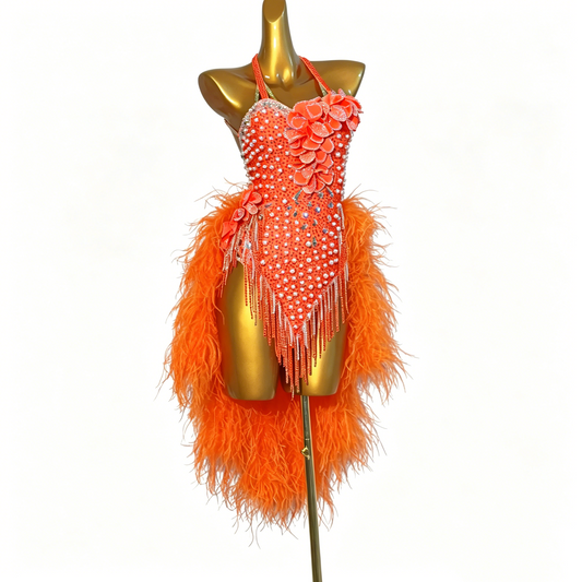 Custom Orange Feather Floral Latin Competition Dress