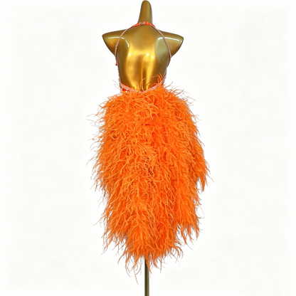 Custom Orange Feather Floral Latin Competition Dress