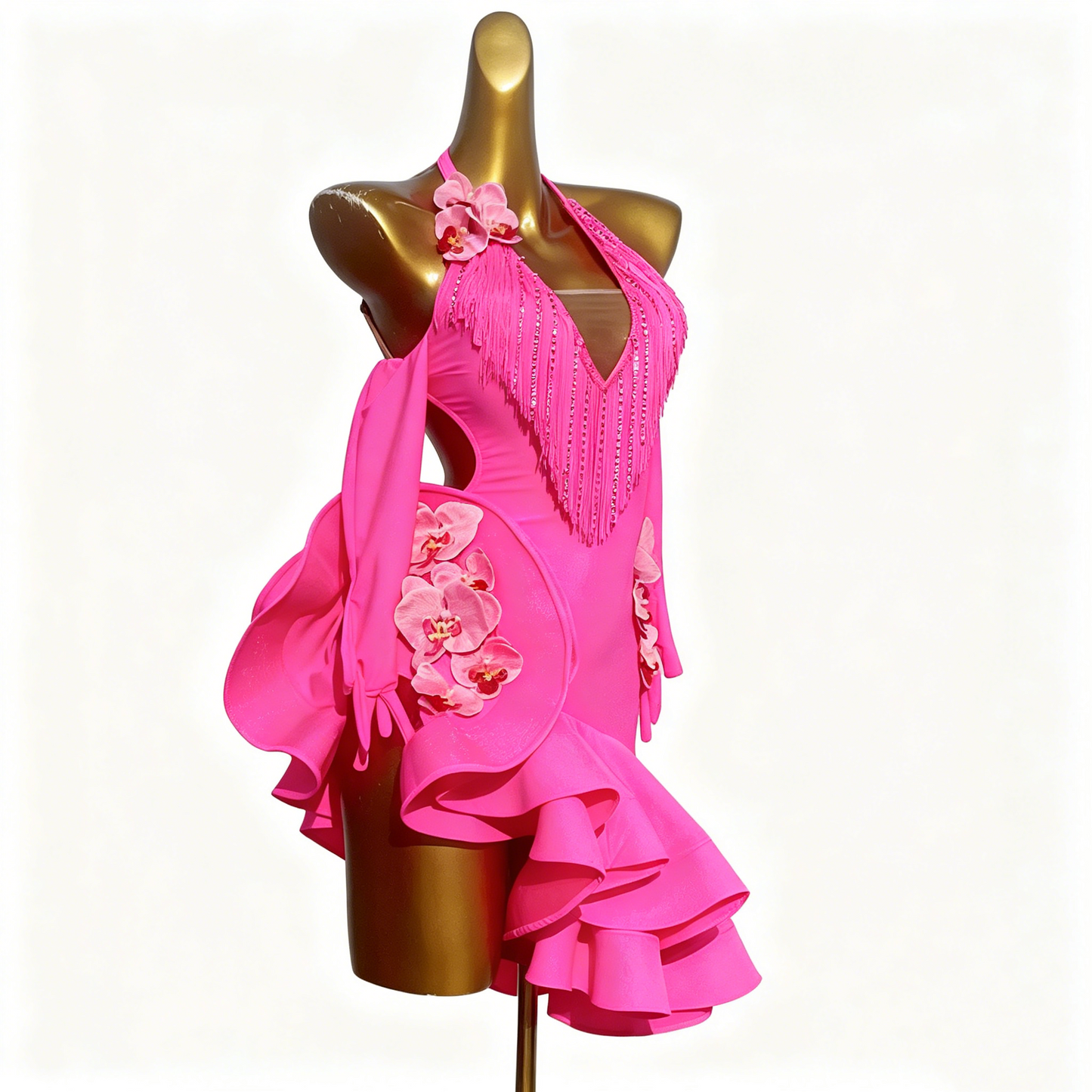 Custom Hot Pink Orchid Ruffle Latin Competition Dress