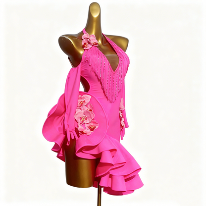 Custom Hot Pink Orchid Ruffle Latin Competition Dress