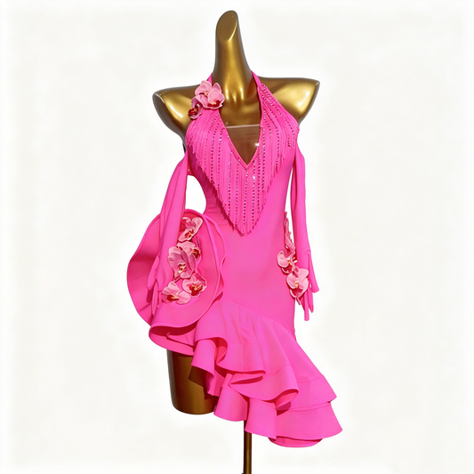 Custom Hot Pink Orchid Ruffle Latin Competition Dress