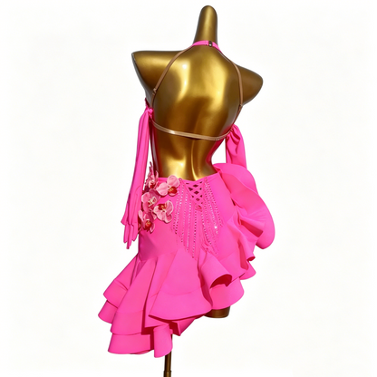 Custom Hot Pink Orchid Ruffle Latin Competition Dress