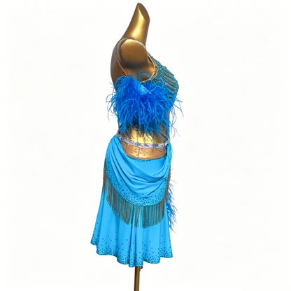 Custom Bright Blue Feather Gold Fringe Cutout Latin Competition Dress