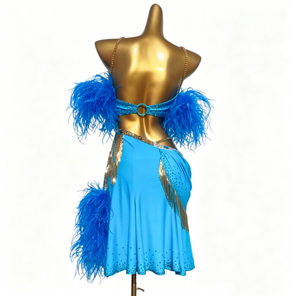 Custom Bright Blue Feather Gold Fringe Cutout Latin Competition Dress