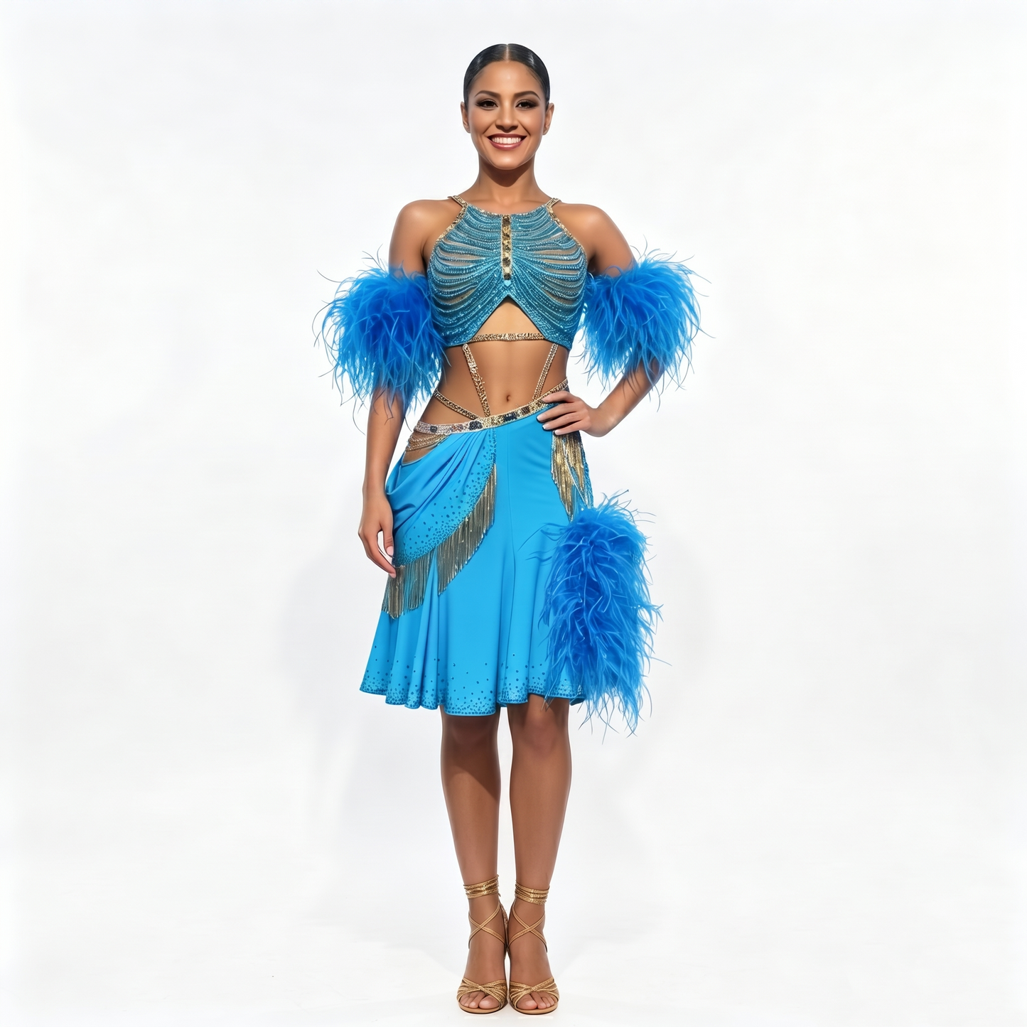 Custom Bright Blue Feather Gold Fringe Cutout Latin Competition Dress