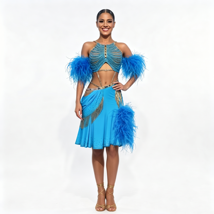 Custom Bright Blue Feather Gold Fringe Cutout Latin Competition Dress