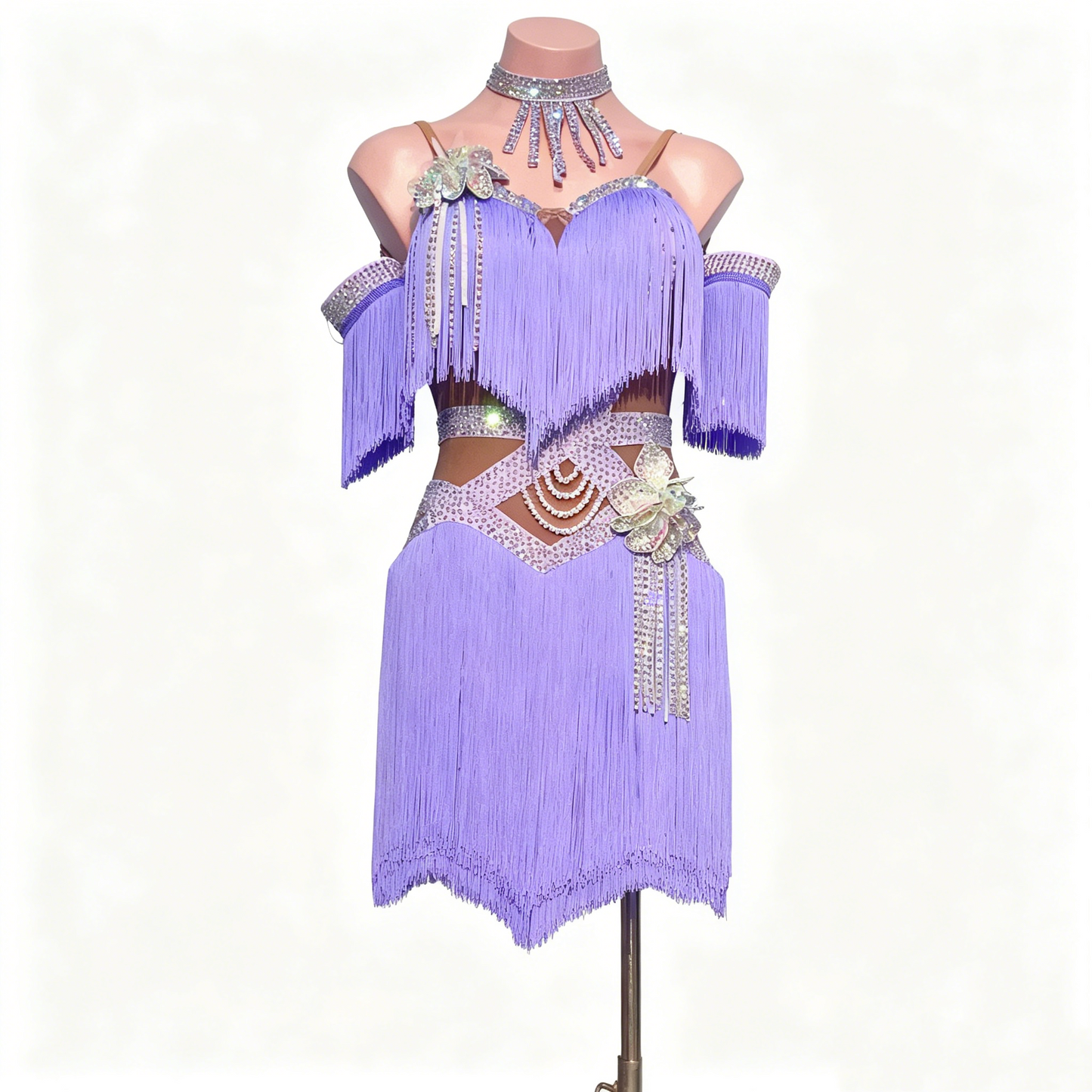 Custom Lavender Fringe Off Shoulder Latin Competition Dress