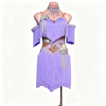 Custom Lavender Fringe Off Shoulder Latin Competition Dress