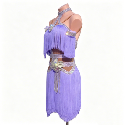 Custom Lavender Fringe Off Shoulder Latin Competition Dress
