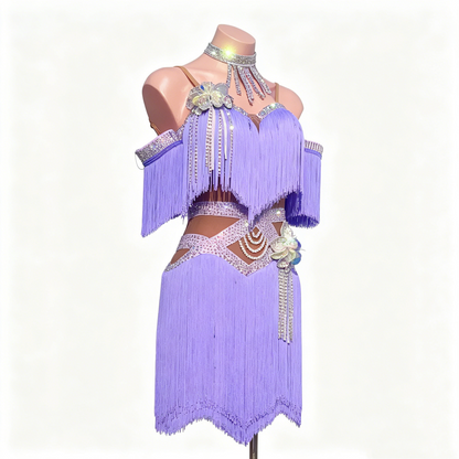 Custom Lavender Fringe Off Shoulder Latin Competition Dress